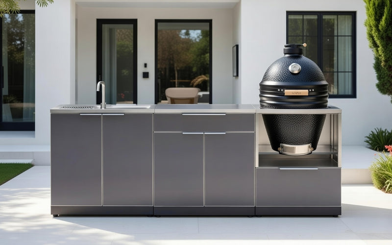 Outdoor Kitchen Aluminum 4 Piece Cabinet Set with Bar, Sink and Kamado Cabinet + Kamado + Countertop