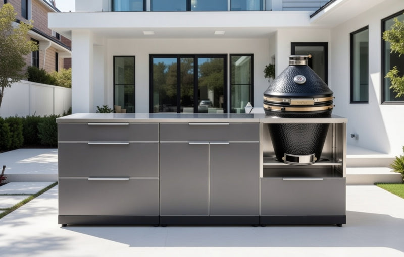 Outdoor Kitchen Aluminum 4 Piece Cabinet Set with 3-Drawer, Bar and Kamado Cabinet + Kamado + Countertop