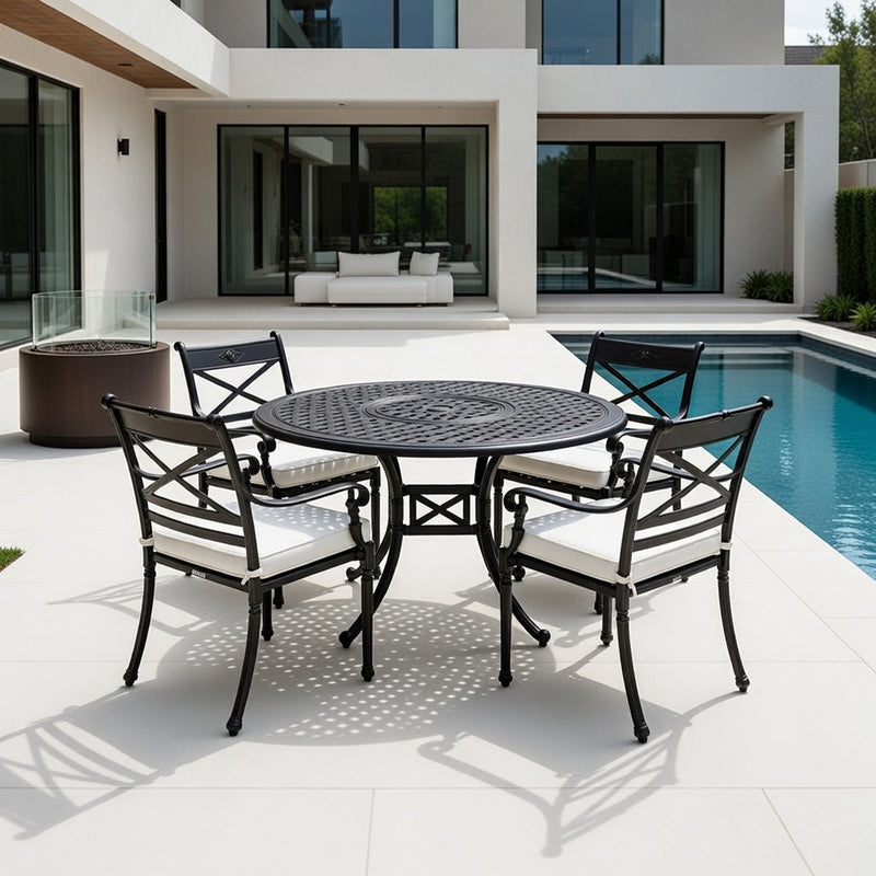 Round Dining Set in Onyx Finish and Cushions