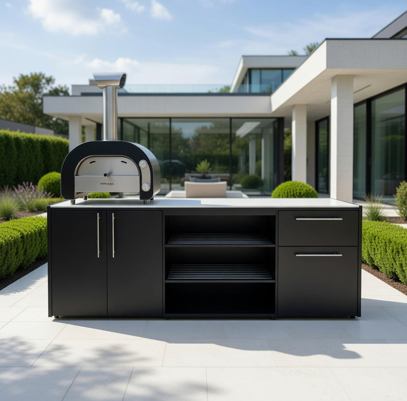 Outdoor Kitchen Elysia Paired with, Pizza Oven, Open Shelf and Double Drawer
