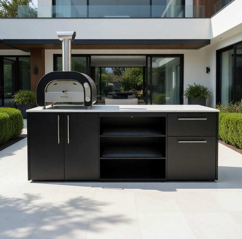 Outdoor Kitchen Elysia Paired with, Pizza Oven, Open Shelf and Double Drawer