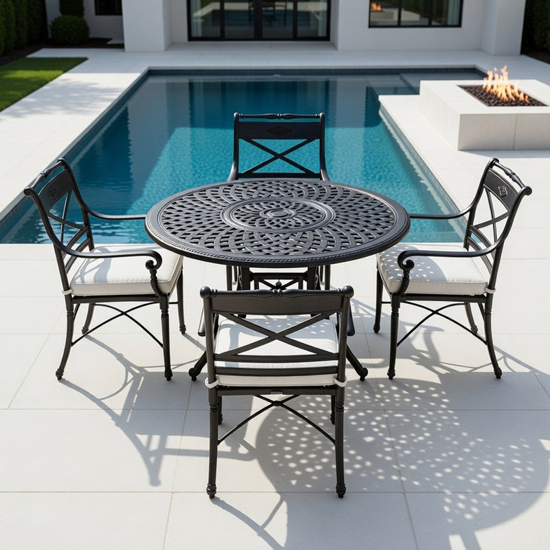Round Dining Set in Onyx Finish and Cushions