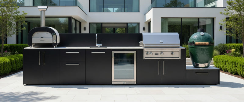 Outdoor Kitchen Elysia Paired with Gas Barbecue, Pizza Oven, Fridge, Sink and Green Egg