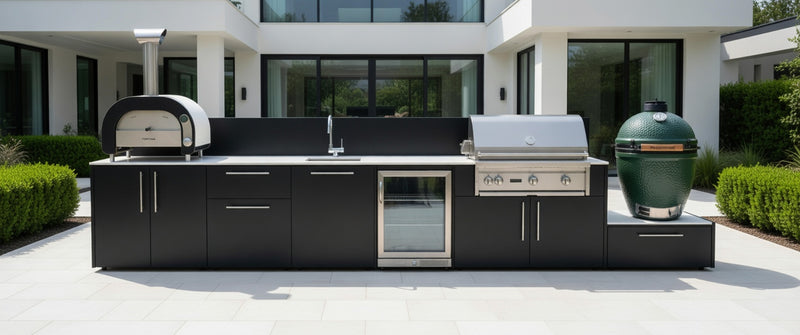 Outdoor Kitchen Elysia Paired with Gas Barbecue, Pizza Oven, Fridge, Sink and Green Egg