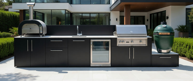 Outdoor Kitchen Elysia Paired with Gas Barbecue, Pizza Oven, Fridge, Sink and Green Egg