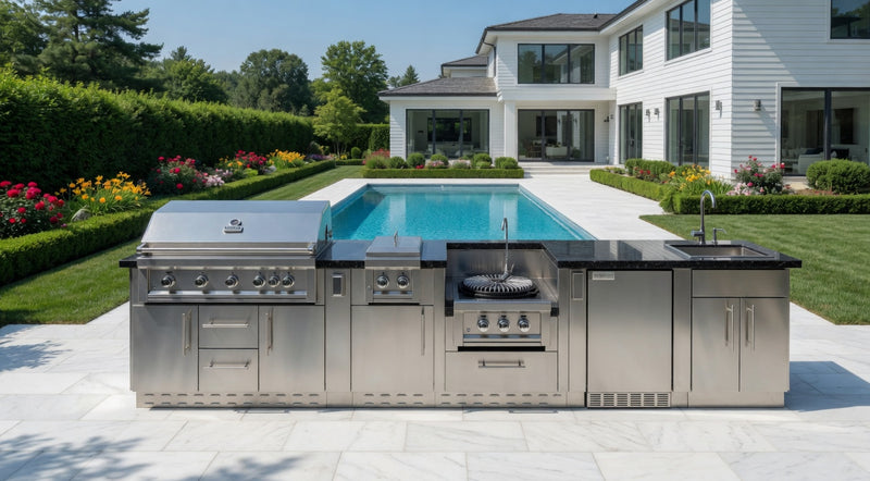 Sunstone Grills Hill Country 13 1/2 Ft Outdoor Kitchen Island w/ Propane Grill & Side Burner, Sink, Refrigerator, Door & Drawer