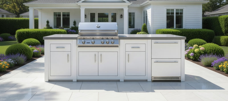 Stoll Aluminum Outdoor Kitchen White, Whistler 34-Inch 4-Burner Gas Grill, and Double Drawer Fridge and Green Egg | 13FT