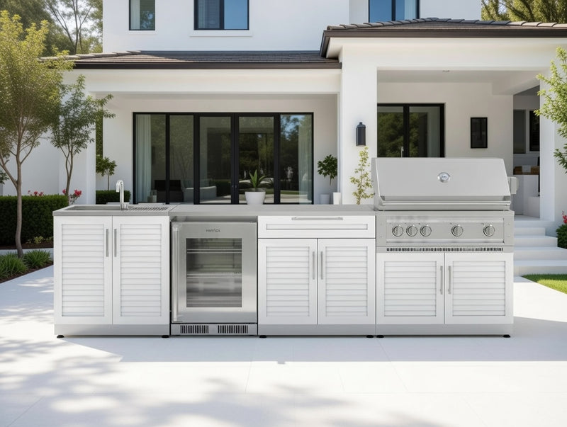 Classic Series 6PC Modular Outdoor Kitchen 304 Stainless Steel · Louvered Door · Platinum Grill · Built-In Fridge
