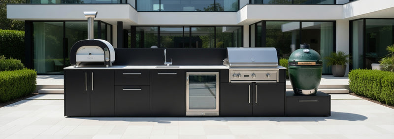 Outdoor Kitchen Elysia Paired with Gas Barbecue, Pizza Oven, Fridge, Sink and Green Egg