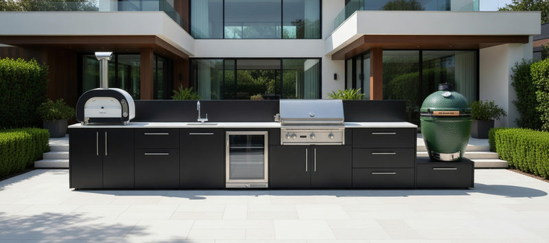 Outdoor Kitchen Elysia Paired with Gas Barbecue, Pizza Oven, Fridge, Triple Drawer, Sink and Green Egg