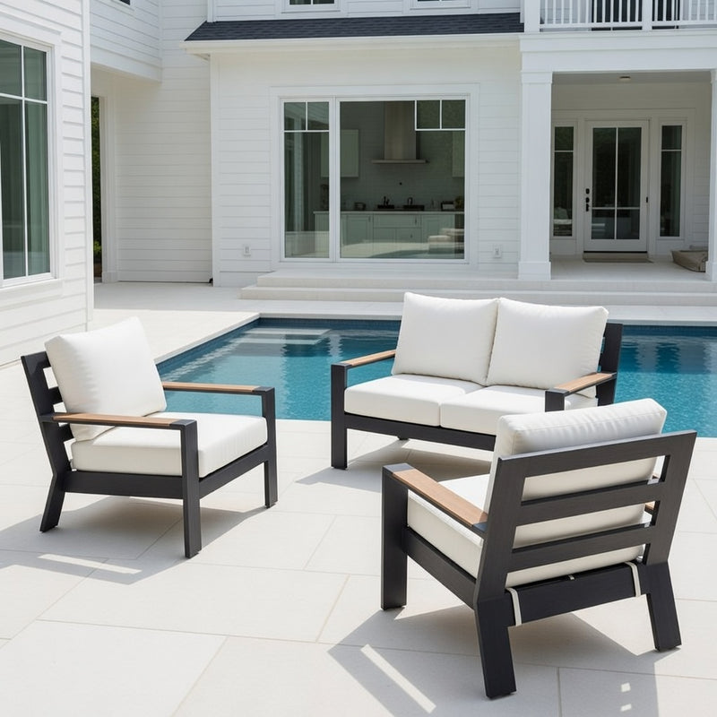 Outdoor Loveseat Set in Aluminum and Sunbrella Rain Cushions