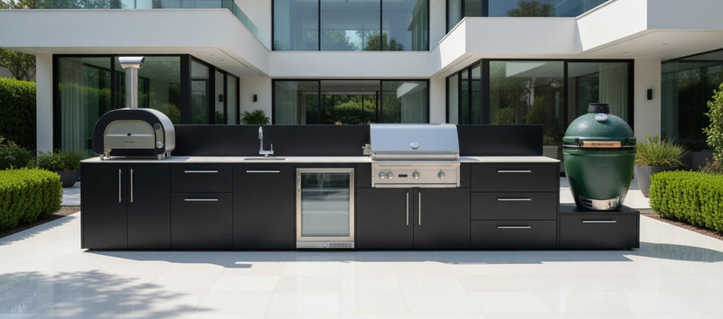 Outdoor Kitchen Elysia Paired with Gas Barbecue, Pizza Oven, Fridge, Triple Drawer, Sink and Green Egg