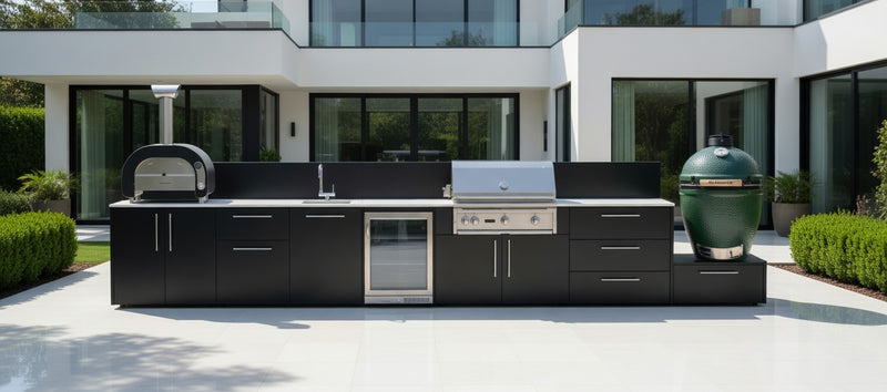 Outdoor Kitchen Elysia Paired with Gas Barbecue, Pizza Oven, Fridge, Triple Drawer, Sink and Green Egg