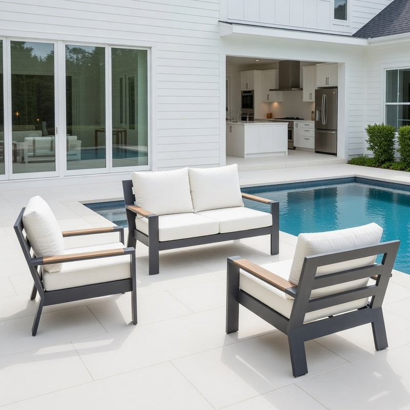Outdoor Loveseat Set in Aluminum and Sunbrella Rain Cushions