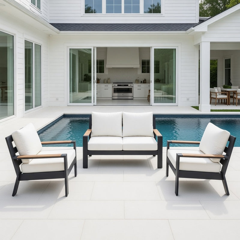 Outdoor Loveseat Set in Aluminum and Sunbrella Rain Cushions