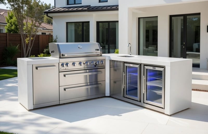 Mont Alpi 805 Deluxe BBQ Grill Island with 90 Degree Corner Beverage Center & Fridge - MAi805-D90BEVFC