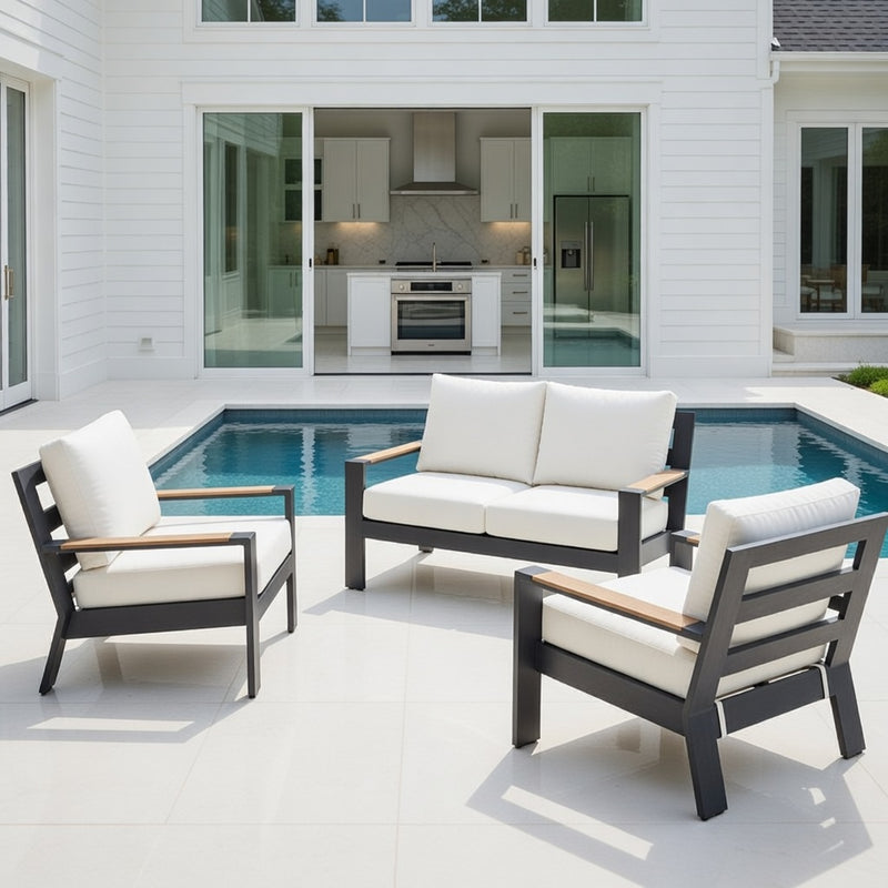 Outdoor Loveseat Set in Aluminum and Sunbrella Rain Cushions