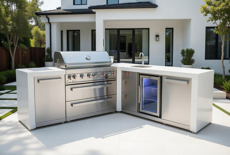 Mont Alpi 805 Deluxe BBQ Grill Island with 90 Degree Corner & Beverage Center - MAi805-D90BEV