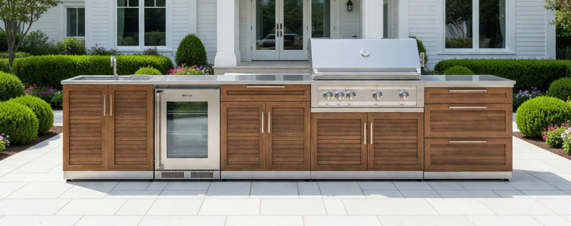 Outdoor Kitchen Stainless Steel 7 Piece Cabinet Set with Sink, Triple Drawer, Bar, Grill Cabinet, Platinum Grill, and Fridge - 13'4''