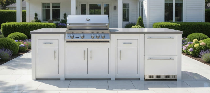 Stoll Aluminum Outdoor Kitchen White, Whistler 34-Inch 4-Burner Gas Grill, and Double Drawer Fridge | 10FT