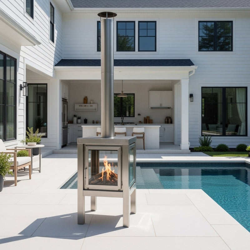 Quaruba MOBILE 4-Sided Glass Matte Stainless Steel Wood-Burning Outdoor Fireplace | RB73