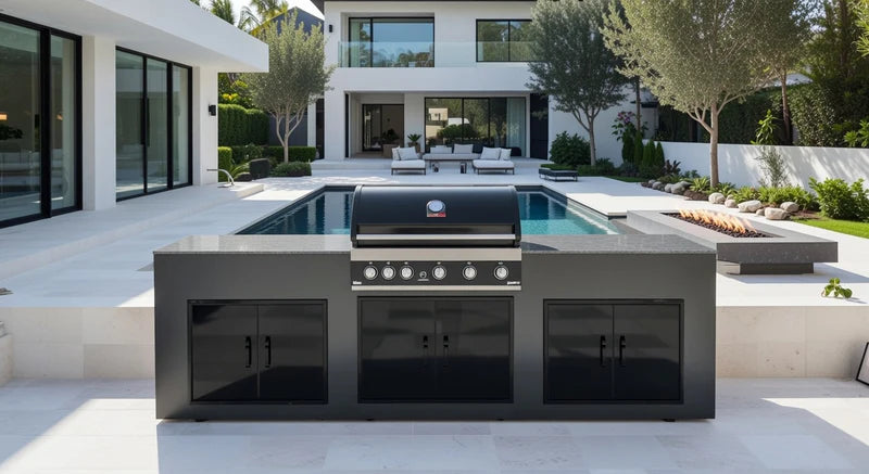 Grillandia Outdoor Kitchen Paired with 5 Burner Gas BBQ, and Triple Double Doors | 12ft