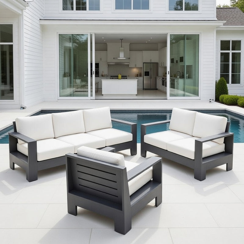 Outdoor Sofa Set in Matte Black Aluminum and Sunbrella Rain Cushions