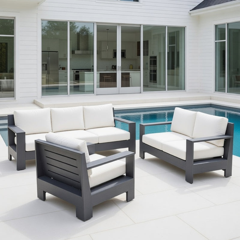 Outdoor Sofa Set in Matte Black Aluminum and Sunbrella Rain Cushions