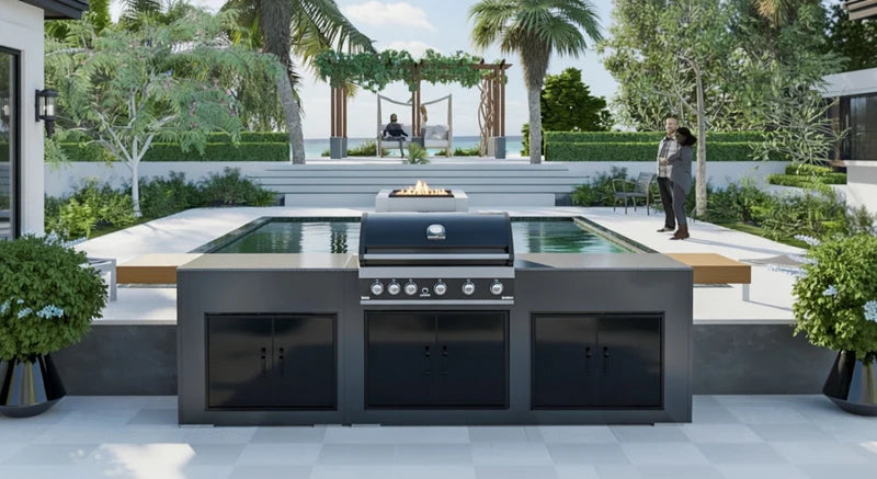 Grillandia Outdoor Kitchen Paired with 5 Burner Gas BBQ, and Triple Double Doors | 12ft