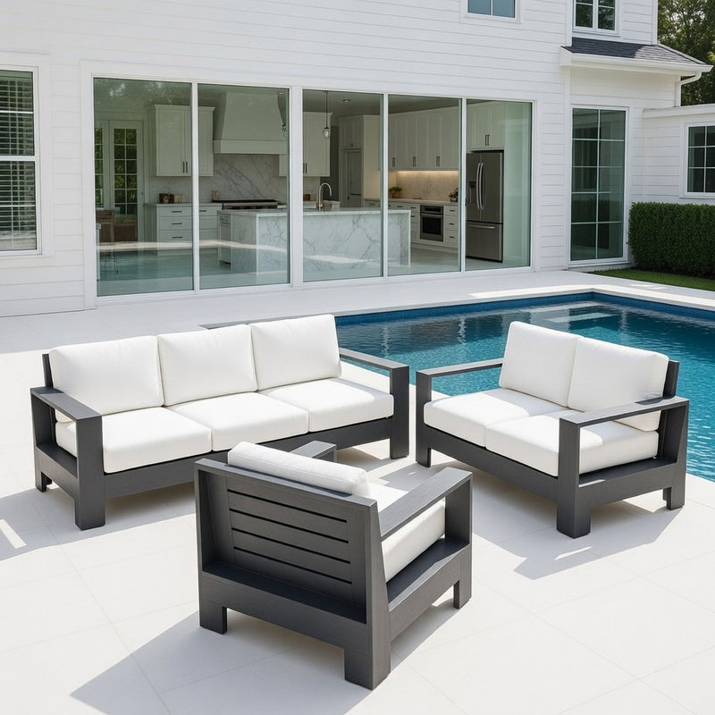 Outdoor Sofa Set in Matte Black Aluminum and Sunbrella Rain Cushions