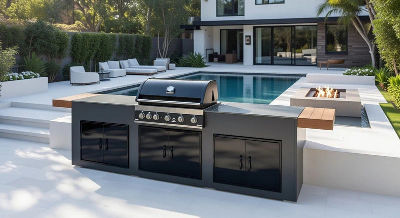 Grillandia Outdoor Kitchen Paired with 5 Burner Gas BBQ, and Triple Double Doors | 12ft