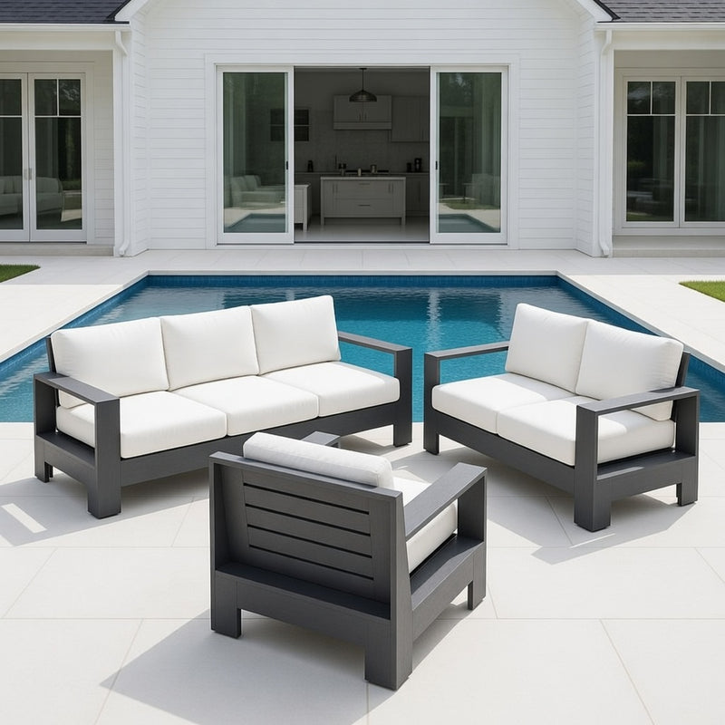 Outdoor Sofa Set in Matte Black Aluminum and Sunbrella Rain Cushions
