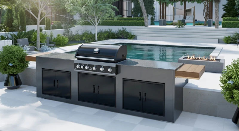 Grillandia Outdoor Kitchen Paired with 5 Burner Gas BBQ, and Triple Double Doors | 12ft