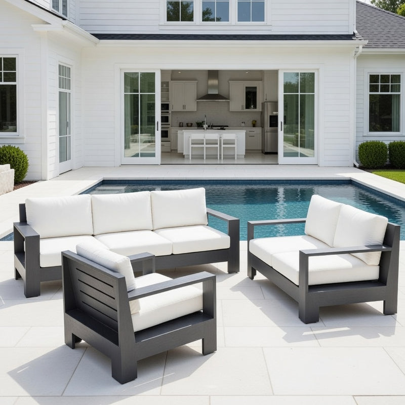 Outdoor Sofa Set in Matte Black Aluminum and Sunbrella Rain Cushions