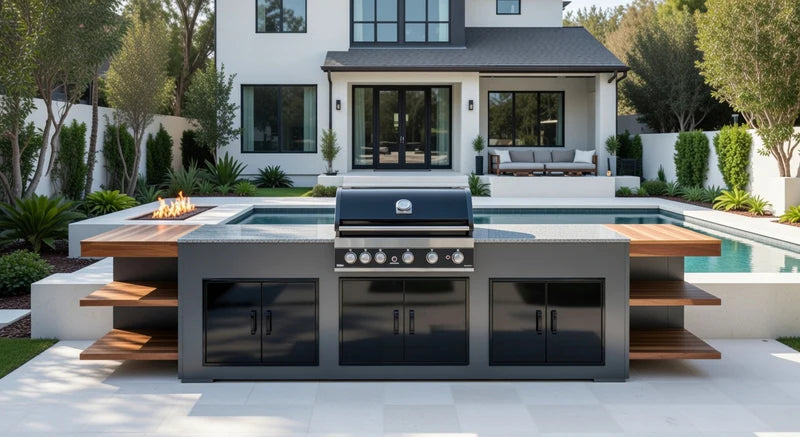 Grillandia Outdoor Kitchen Paired with 5 Burner Gas BBQ, and Triple Double Doors | 12ft