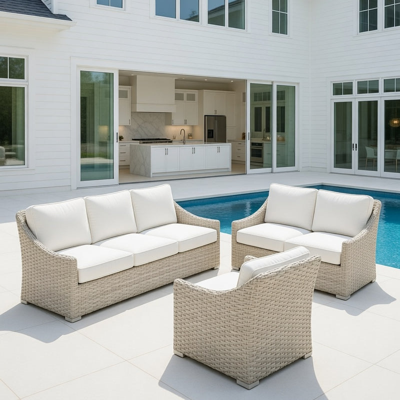 Outdoor Sofa Set in Shell Finish and Sunbrella Rain Cushions