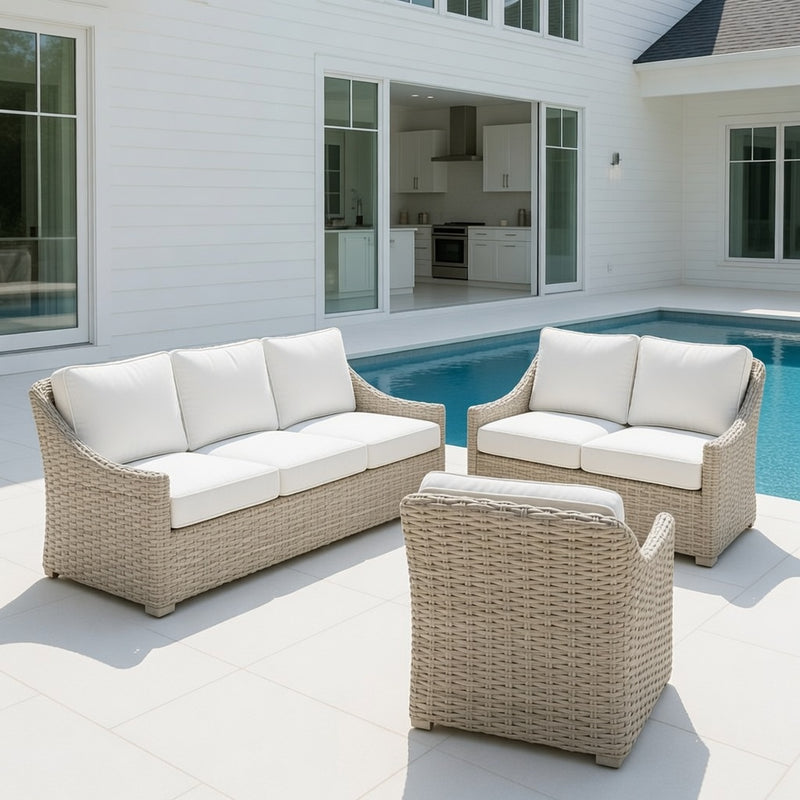 Outdoor Sofa Set in Shell Finish and Sunbrella Rain Cushions