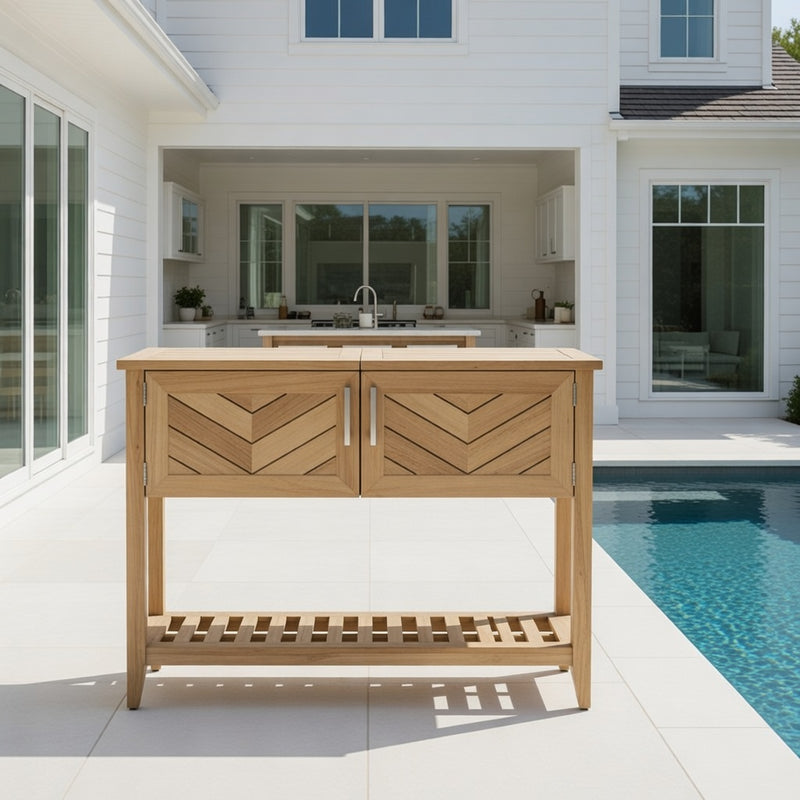 Outdoor Console with Beverage Tub in Teak