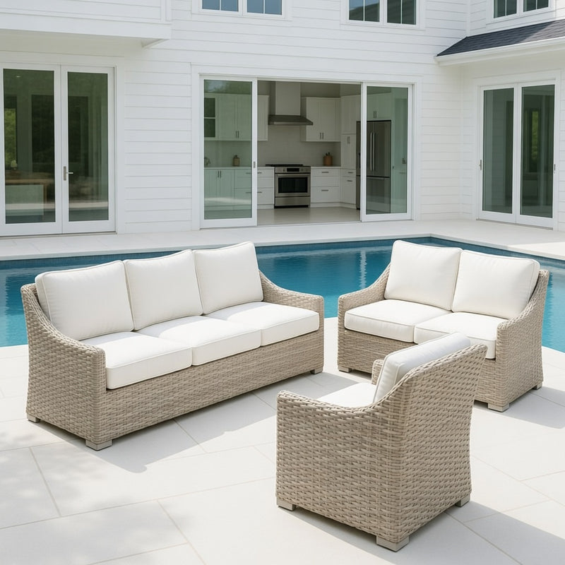 Outdoor Sofa Set in Shell Finish and Sunbrella Rain Cushions
