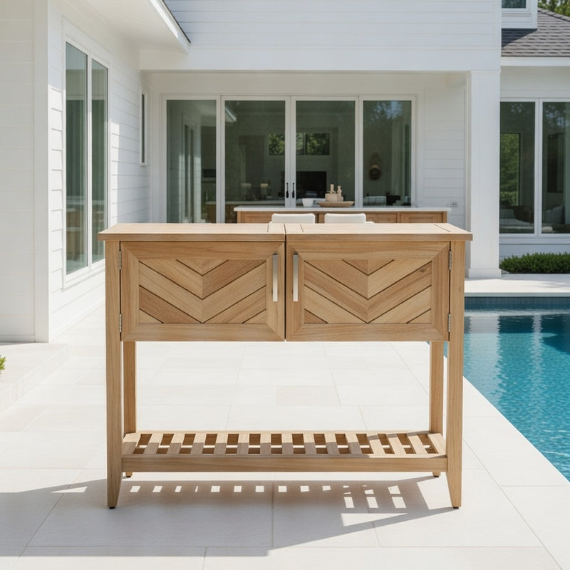 Outdoor Console with Beverage Tub in Teak
