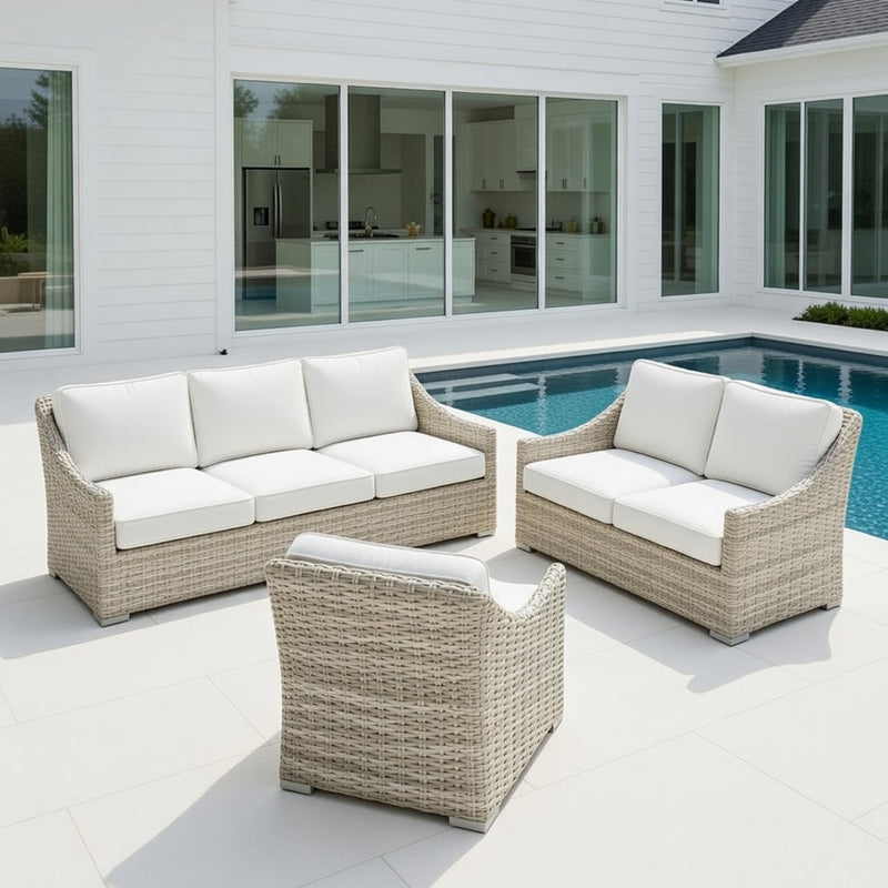 Outdoor Sofa Set in Shell Finish and Sunbrella Rain Cushions