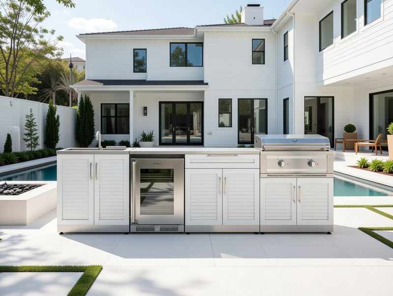 Outdoor Kitchen 6PC White Modular 304 Stainless Steel with Sink and Fridge Platinum Griddle