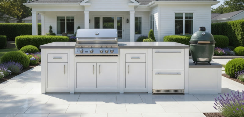 Stoll Aluminum Outdoor Kitchen White, Whistler 34-Inch 4-Burner Gas Grill, and Double Drawer Fridge and Green Egg | 13FT