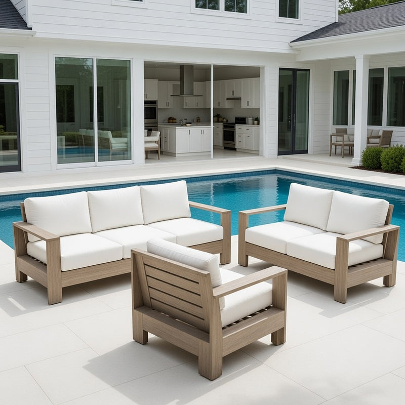 Outdoor Sofa Set in Weathered Teak and Sunbrella Rain Cushions
