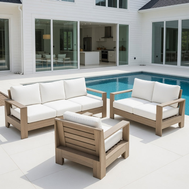 Outdoor Sofa Set in Weathered Teak and Sunbrella Rain Cushions