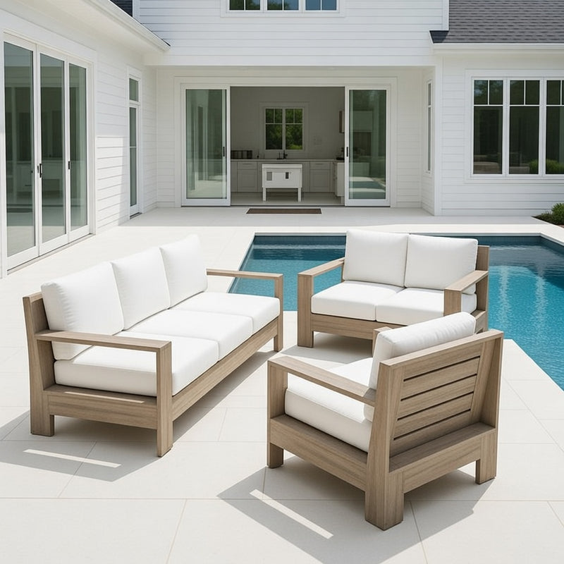 Outdoor Sofa Set in Weathered Teak and Sunbrella Rain Cushions
