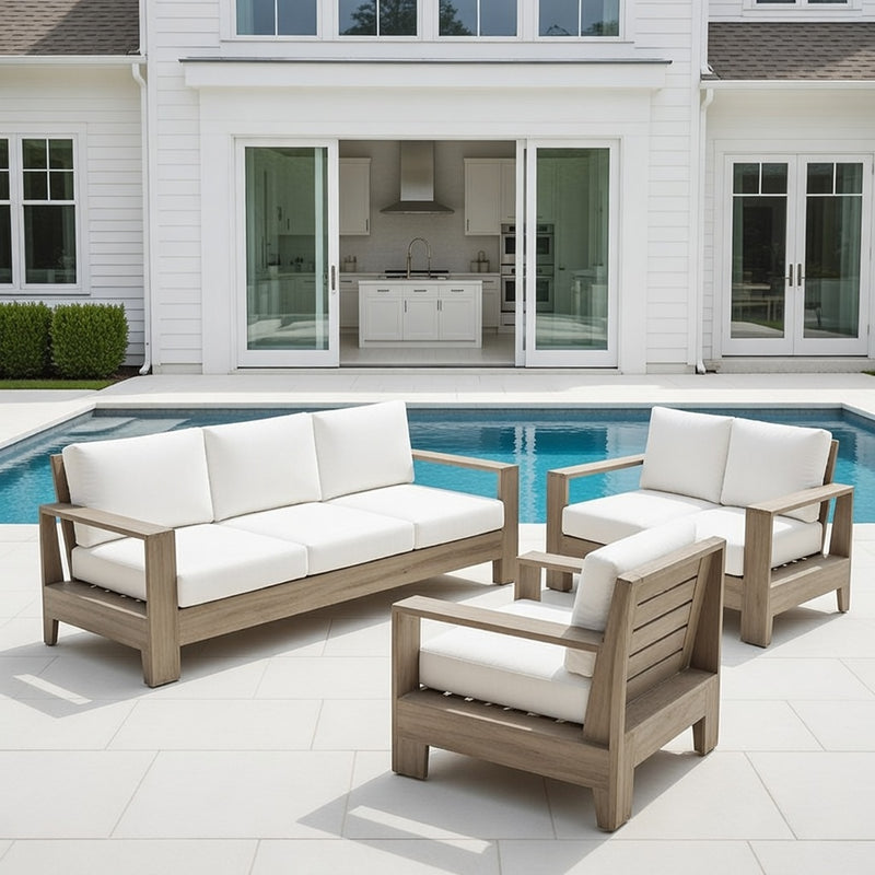 Outdoor Sofa Set in Weathered Teak and Sunbrella Rain Cushions