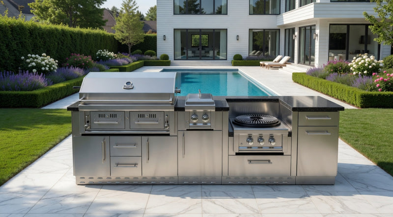Sunstone Dallas 9'-11" Gas/Charcoal/Wood Burning Grill & Power Burner Island Package