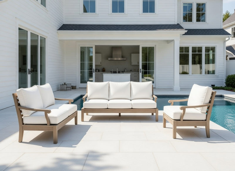 Outdoor Sofa Set in Weathered Finish and Sunbrella Rain Cushions