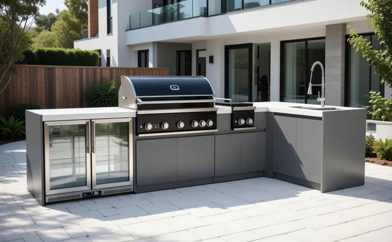 Whistler 5-Burner 140 x 61-Inch Gas Grill Island with 90-Degree Corner, Infrared Rear Burner, Refrigerator, Sink, Double Side Burner, and Rotisserie Kit - Black Stainless